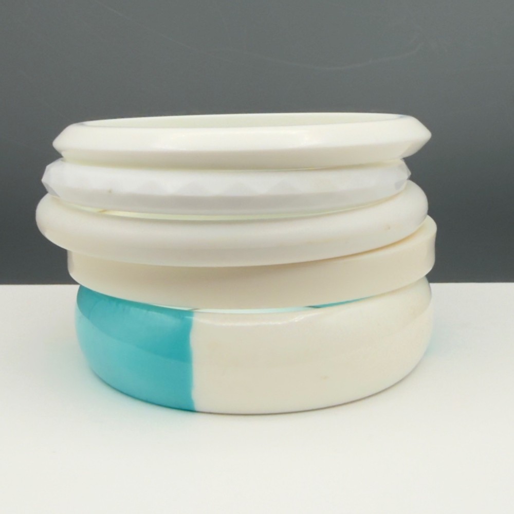 Vintage Plastic Bangle Bracelet Stack Set Aqua White Lucite
