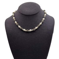 Artisan Made Faux Pearl Crystal Ornate Metal Bead Vintage Necklace 16 Inch