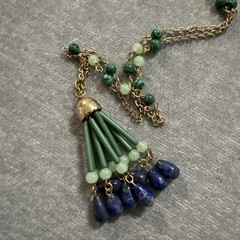 VTG Long Y Site Lariat Glass Beaded Faux Jade Lapis Necklace Gold Tone Fringe