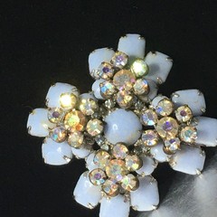 Vtg Maltese Cross Blue Milk Glass Brooch Pin AB Crystal Floral Accents 2.4″