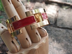 2 Vintage Hinged Bangle Bracelets with Red Enamel 1 Gold Tone 1 Silver Tone 80’s