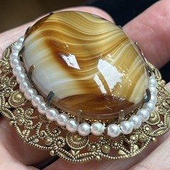 Vintage W Germany Glass Caramel Swirl Cabochon Pearl Brooch Clip On Earrings Set