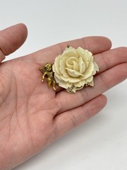 Vintage Cherub Angel Carved Rose Pin Brooch Gold Tone Cream Celluloid