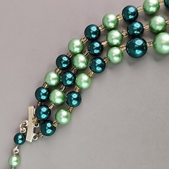 Vintage Beaded Necklace Green Triple Layered Acrylic Japan Choker 16″
