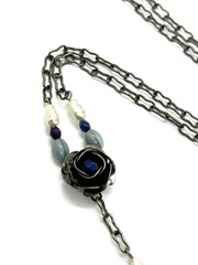 Artisan Gothic Rose Necklace Y Drop Blue Crystal Oxidized Silver Tone