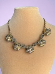 Art Nouveau Austrian Lilac Purple & Pink Crystal Brass Filigree Necklace