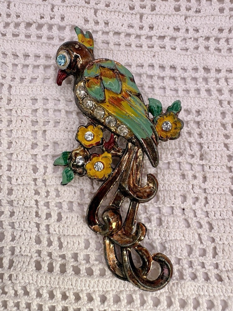 Vintage 1930’s-40’s Cold Painted Enamel Pot Metal Rhinestone Parrot Brooch 3”