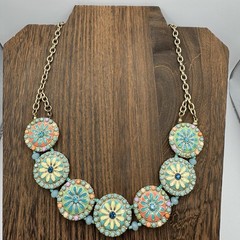 Vintage Boho Hippie Multicolor Enamel Flower Coin Beaded Goldtone Chain Necklace