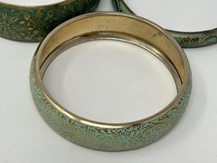 Boho Vintage Style Teal Green Embossed Brass Bangle Bracelet Mixed Set (3) Stack