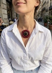1930s-40s Cherry Juice & Black Bakelite Carved & Layered Flower Pin Brooch