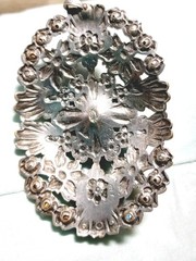 Art Deco Pendant Blue Focal W Rhinestone Accents Silver Tone Pot Metal Floral