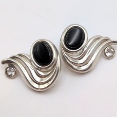 VTG Sterling Silver 925 CZ Oval Onyx Wavy Scalloped Pierced Earrings 1.1in 4.85g