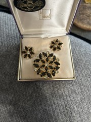 Vintage B. David brooch and clip on earring set. Black rhinestones. w/ box