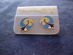 VINTAGE SAMUEL HUANG DESIGNER CLOISONNE PHOENIX COBALT & BLUE ENAMEL EARRINGS