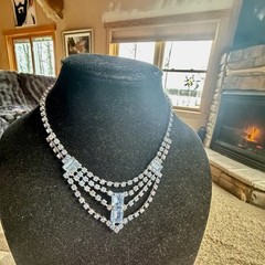 Vintage Silver Plate Blue Rhinestone Baguette Emerald Cut Collar Necklace 15”