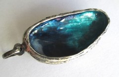 1-15/16in LARGE VINTAGE STERLING SILVER ENAMEL ABALONE CLAM SEA SHELL PENDANT