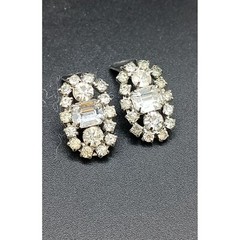 Vintage Art Deco Rhinestone Earrings Clip On Glam SilverTone 1″