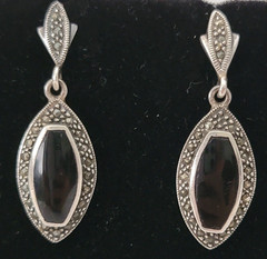Vintage Black Onyx Marcasite 925 Sterling Silver Marquise Shape Dangle Earrings