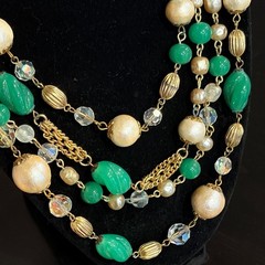1950s Weiss? Multi Strand Faux Jade Cotton Pearl Crystal Bead Bib Necklace