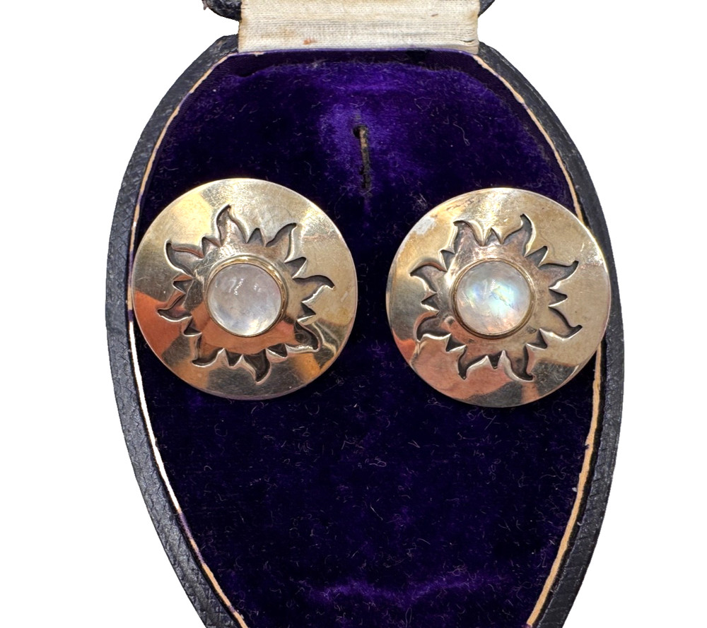 JEAN DUFFY VINTAGE MOONSTONE STERLING SILVER SUN STARBURST XL EARRINGS PIERCED