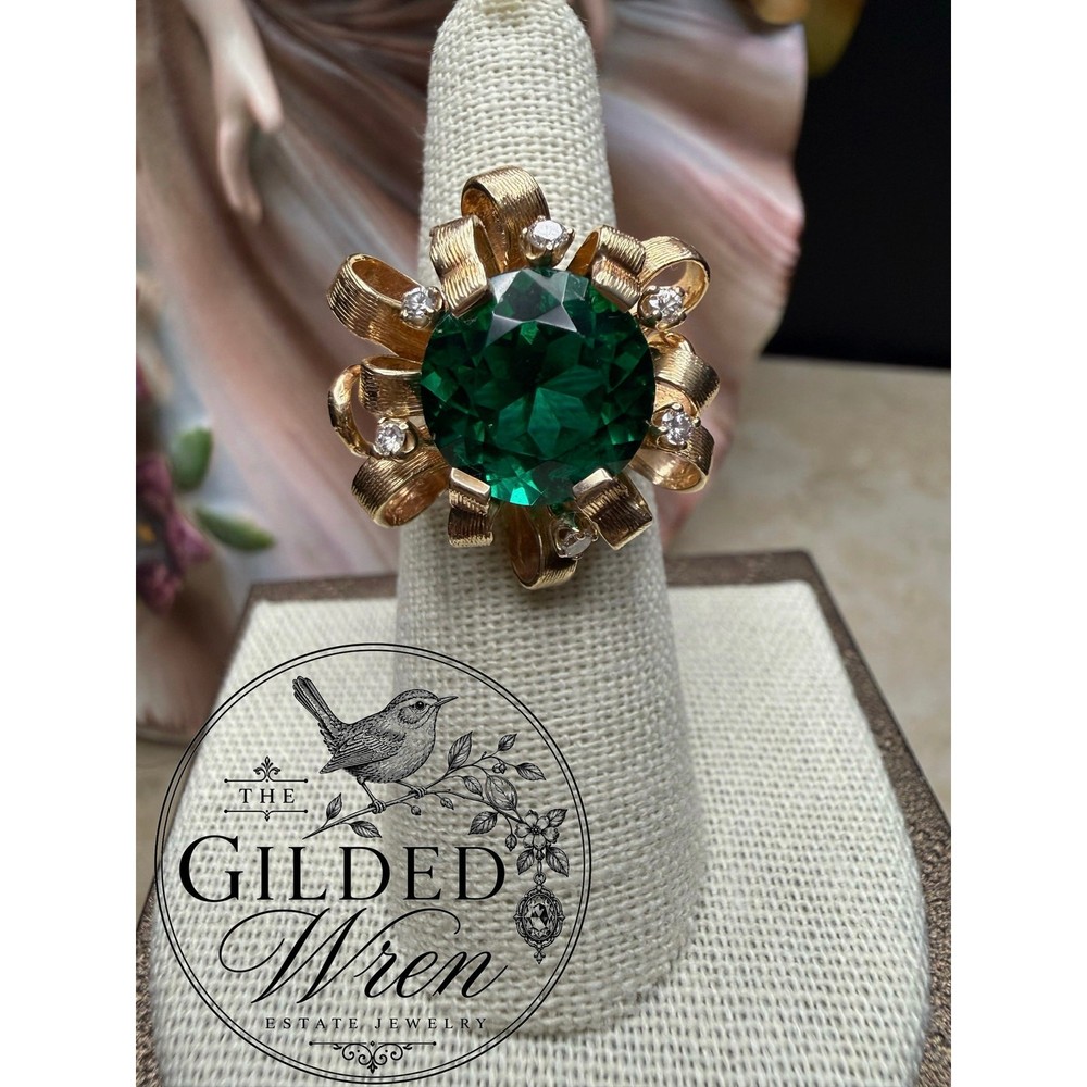 Vintage 14K Gold Hollywood Regency Ribbon Ring | Simulated Emerald 9.28g Sz 6.5