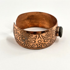 Vintage Copper Cuff Bracelet Etched Tribal Symbol Stone Cabochon Artisan Boho