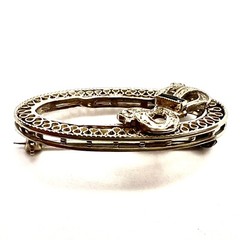 Vintage 14K Solid White Gold Sapphire Bow Filigree Pin Brooch 1” 2.03 Grams