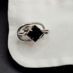 Western Style Deep Black Onyx Open Metal Silver Tone Fancy Formal Cufflinks
