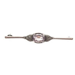 835 Silver Vintage Real Oval-Cut Amethyst Oxidized Bar Pin Brooch