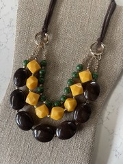 Chunky Vintage Boho Geometric Bead Cord Necklace Green Brown Yellow Statement