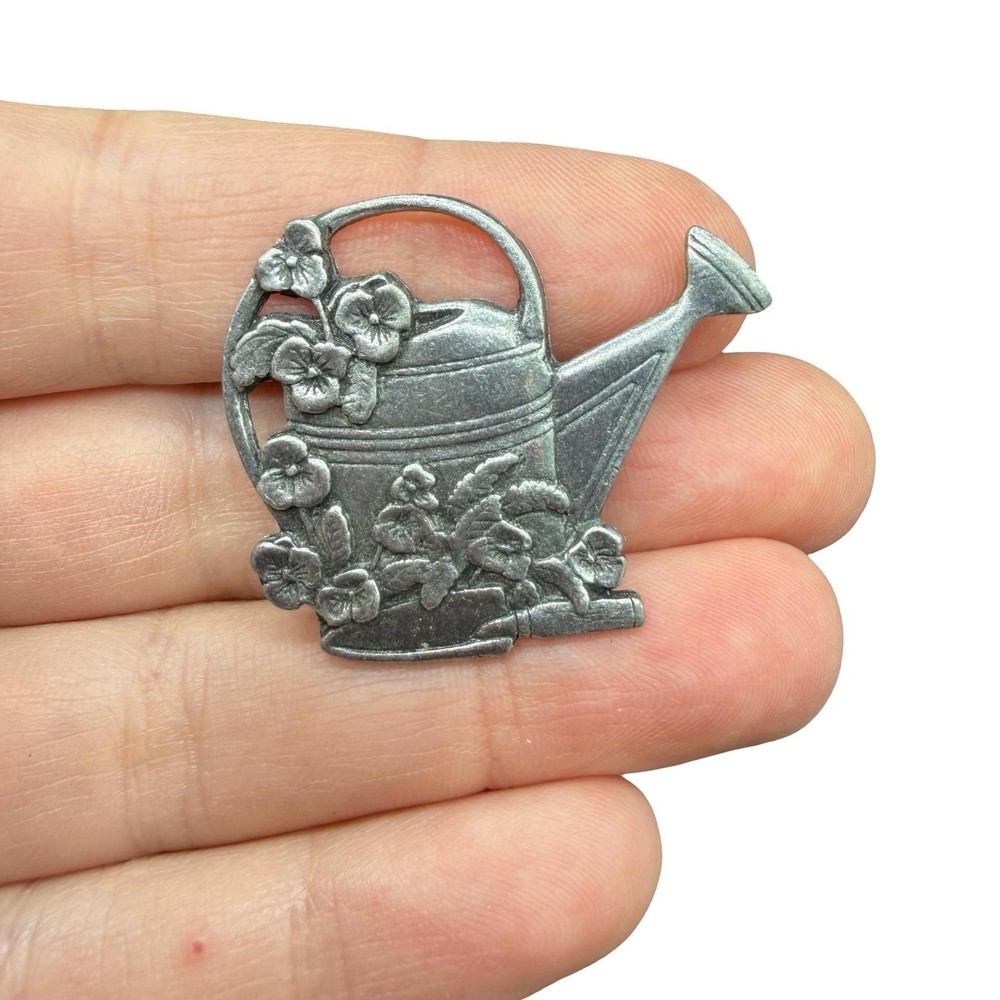 Vintage Birds and Blooms Watering Can Brooch Gardening Pin