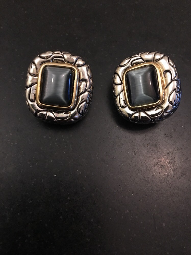 Designer Look Gold Silver Tone Dark Grey Black Cabochon Clip On Earrings 1”
