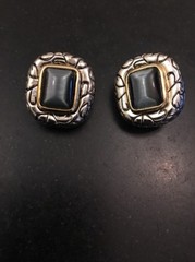Designer Look Gold Silver Tone Dark Grey Black Cabochon Clip On Earrings 1”