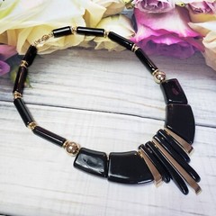 Vintage JAPAN Black Lucite Bead Choker Gold Tone Mid Century Statement Necklace