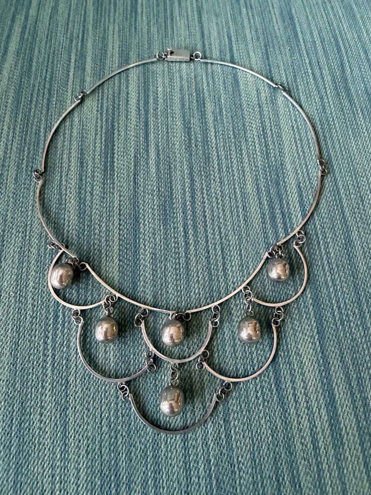 Taxco 925 Sterling Silver Mid Century Tiered & Linked Ball Bead Bib Necklace