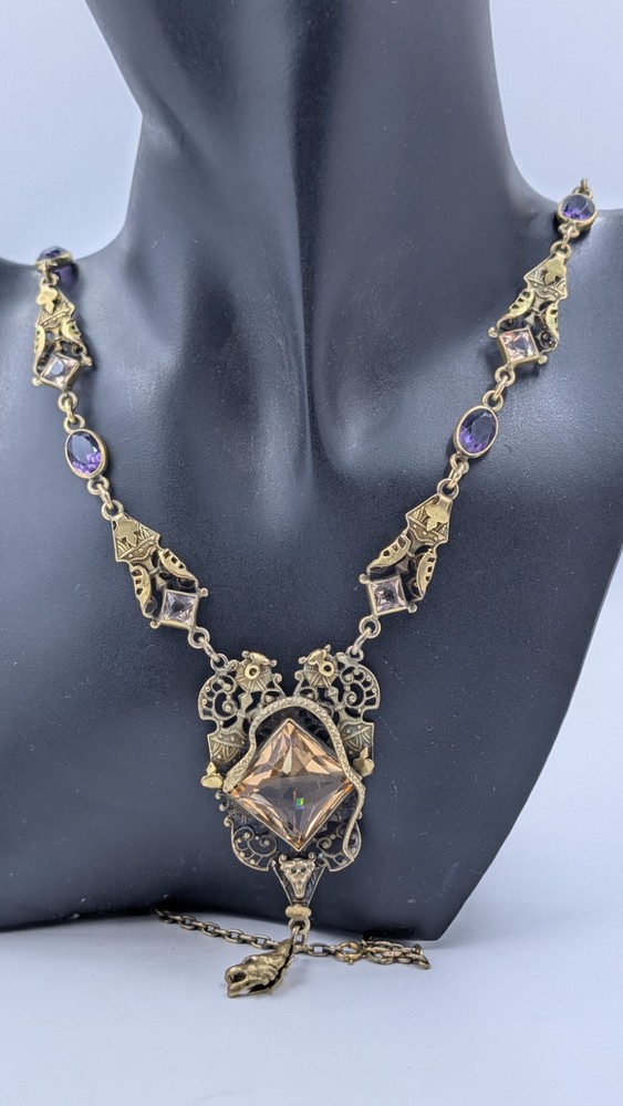 Signed GNS GEORGE STEERE Antique Art Nouveau Jewel TOPAZ GLASS Pendant Necklace