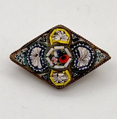 Vtg Micro Mosaic Pin Diamond Shaped 1.25 in Fan and Floral Gold Tone Metal Italy