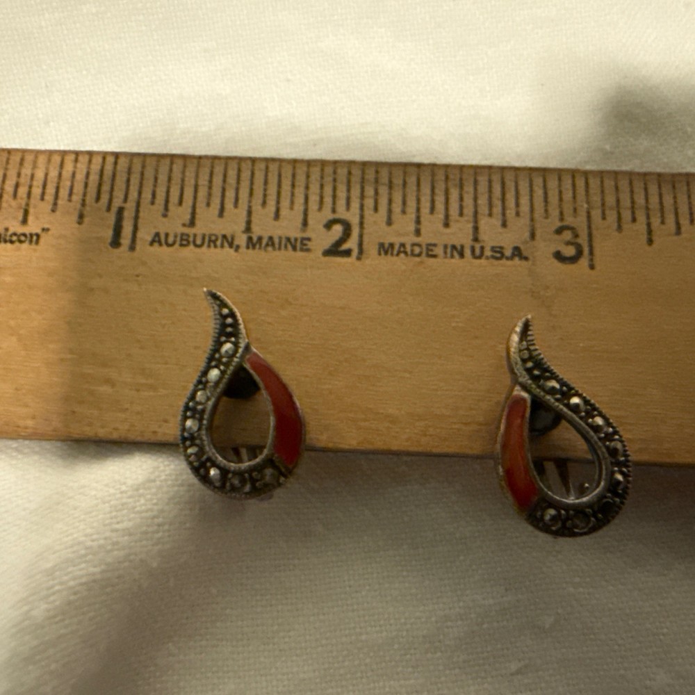 Earrings silver 925, Marcasite and Silver , red accents Vintage