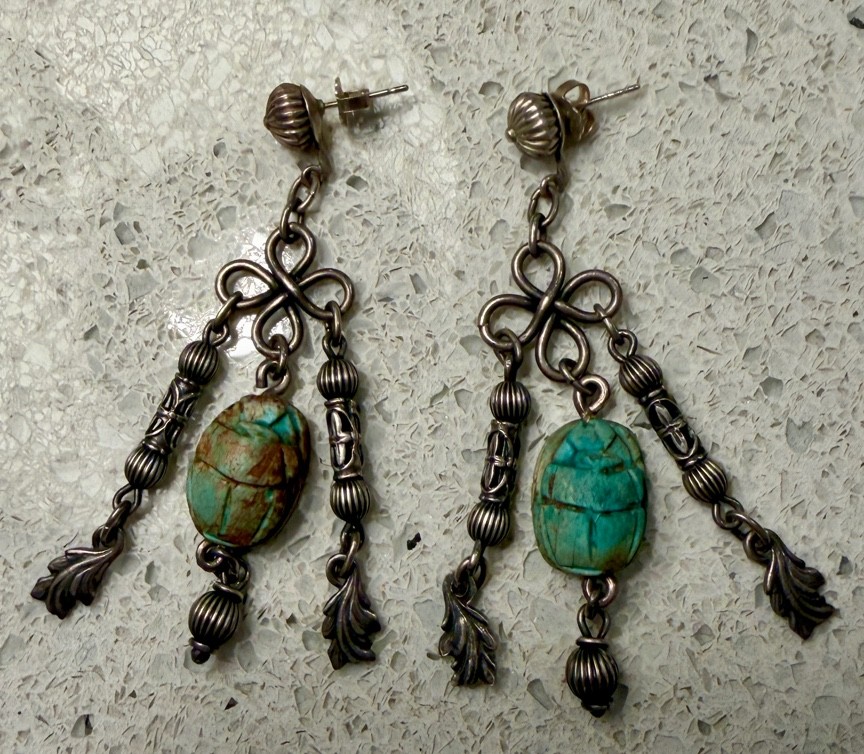 Ends 6/30 Vintage Carved Scarab 2 inch Dangle Silver Earrings