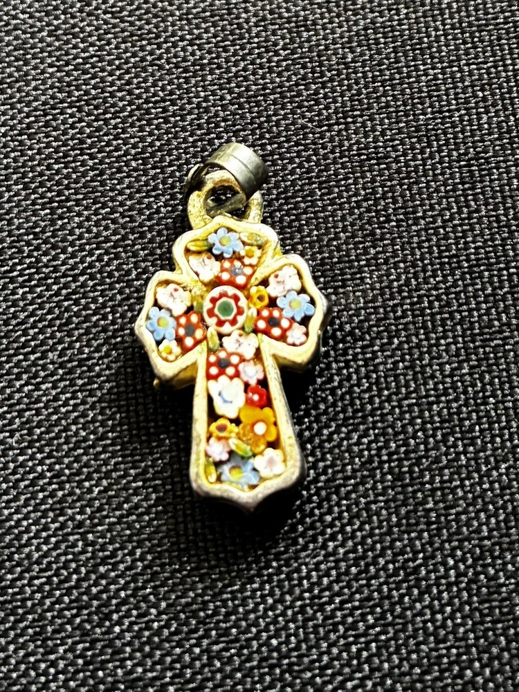Vintage Tiny Cross Pendant Tiny Flowers Italy #SL4