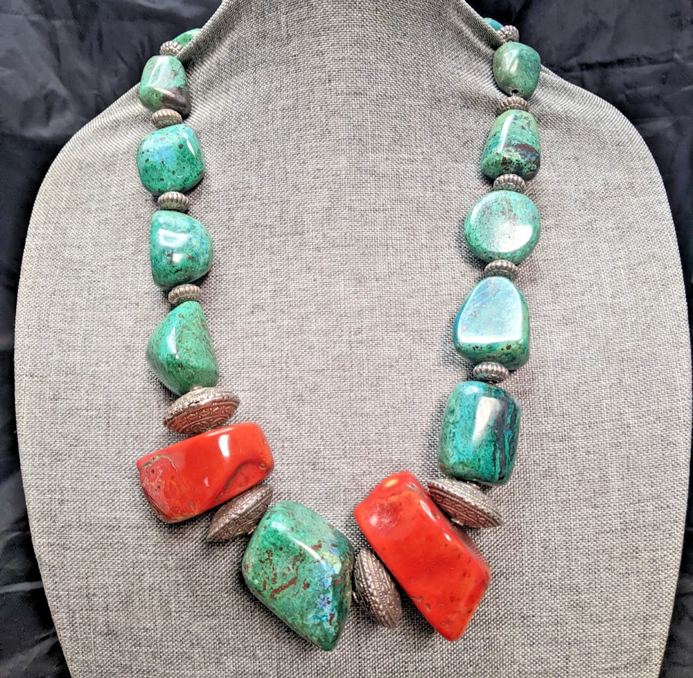 Large Vintage Sterling Silver Chunky Natural Turquoise & Coral 26in Necklace