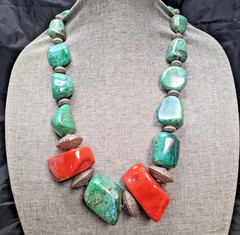 Large Vintage Sterling Silver Chunky Natural Turquoise & Coral 26in Necklace