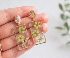 Green Pressed Floral Resin Earrings | Gold Rectangle Botanical Jewelry