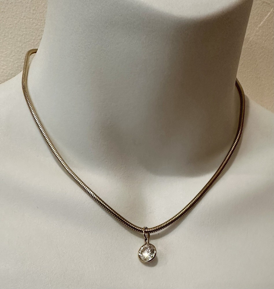 Vintage Gold Tone Necklace 15.5″ with Round 1/4″ Simulated Diamond