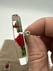Vintage Lucite Encased Red Rose Green Leaves Screw Back Earrings & Brooch Set