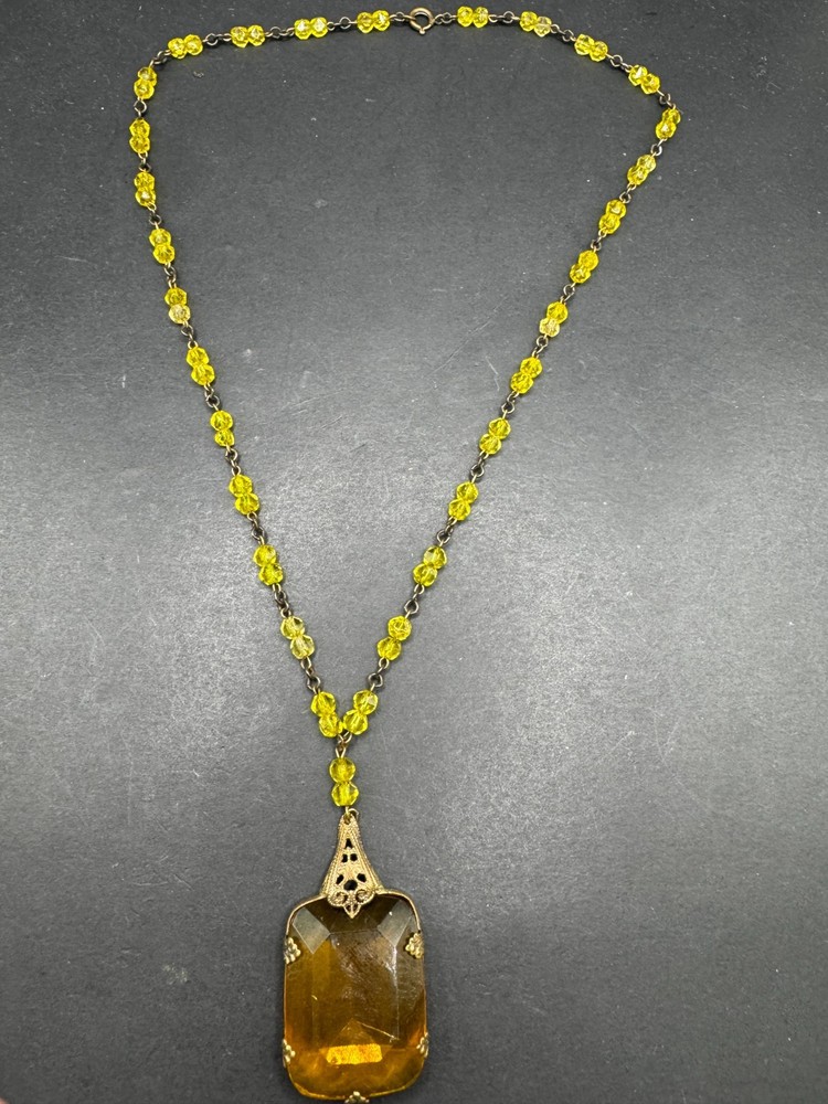 1930’s Art Deco Czech Glass Amber & Yellow Brass Filigree