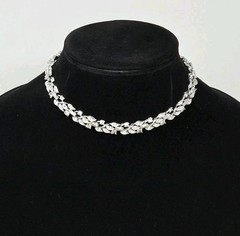 Rhodium Plated Clear Crystal Choker Necklace 15.5 Inches Vintage Leaves Unsigned