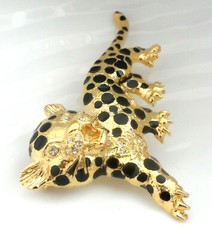Animal Cub Brooch Cheetah Jaguar Leopard Black Enamel Rhinestone Figural Pin