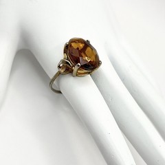Vintage Cocktail Ring Faux Topaz Faceted Glass Brown Oval Stone Boho Chic Sz 6.5