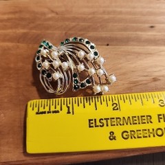 Vtg Abstract Brooch Faux Pearl Green Rhinestone Silver Toned Bouquet Art Beauty